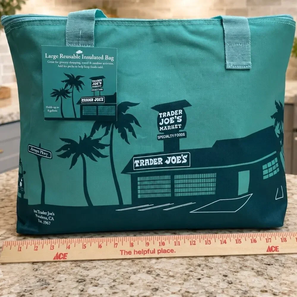 Trader Joe's Sage Green Insulated Tote Cooler Bag Reusable Grocery Shopping - Picture 3 of 11